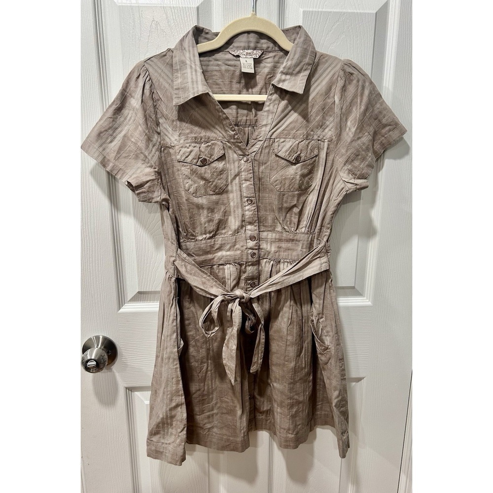 Fun & Flirt 100% Cotton Tan Pearl Snap Dress Sz Large Summer A Line Tan